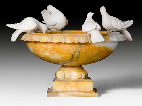 SMALL BIRD BATH,Napoleon III, Italy, late 19th century. White and orange alabaster. Repairs and chips. H 21 cm.