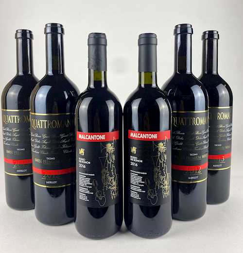 Lot von 6: 2 Fl. Tessin Quattromani "Merlot" 0.75 L 2012; 2 Fl. Tessin Quattromani "Merlot" 0.75 L 2013; 2 Fl. Tessin Cantina Monti "Malcantone" 0.75 L 2016