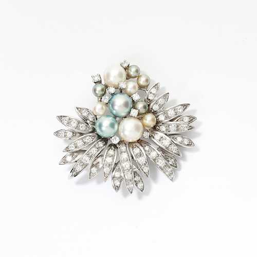 PEARL AND DIAMOND BROOCH.