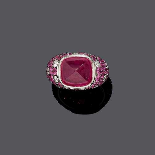 RUBY, SAPPHIRE AND DIAMOND RING.