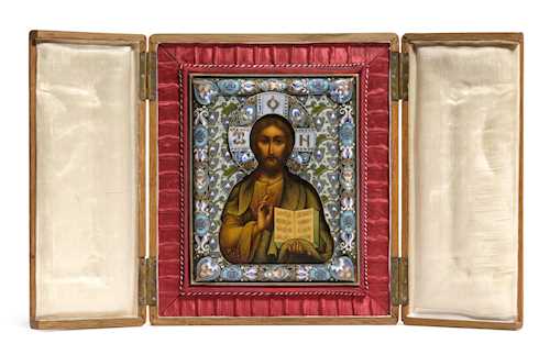 ICON OF CHRIST PANTOCRATOR IN ENAMEL CLOISONNÉ OKLAD