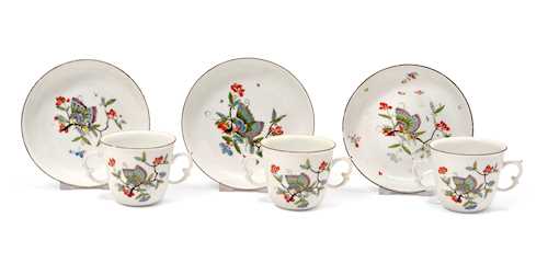 PROVENANCE PRIVATE COLLECTION LAKE GENEVA
THREE CHOCOLATE CUPS AND SAUCERS WITH “BUTTERFLY” DECORATION