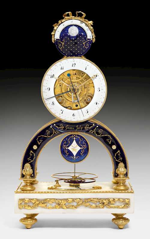 ENAMELED SKELETON CLOCK WITH SECONDS, MOON PHASE AND DATE