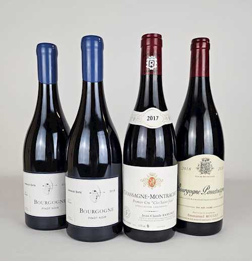 Lot of 4: 2 bts Bourgogne Pinot Noir Arnaud Ente 0.75 L 2016; 1 bt Chassagne-Montrachet Jean-Claude Ramonet "Clos Saint-Jean" 0.75 L 2017; 1 bt Bourgogne Emmanuel Rouget "Passe-Tout-Grains" 0.75 L 2018