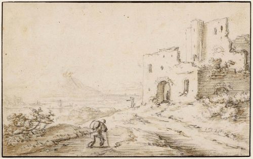 SAFTLEVEN, HERMAN (Rotterdam 1609 - 1685 Utrecht) Rhine landscape with ruin. Black chalk, with brown wash. 15.5 x 25 cm. Provenance: - A.Normand, Paris, Lugt 153 c