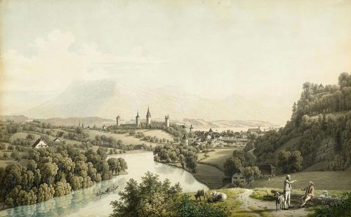 BIEDERMANN, JOHANN JAKOB (1763 Winterthur 1830).Vue du Lac de Lucerne et de Küssnacht. Circa 1800. Peint d après nature et gravé par J.J. Biedermann, à Basle chez Birmann & Fils. Outline etching with original colour, 37.5 x 58 cm. Black pen outer line. With engraved title and inscription on lower edge of sheet. In  old gold frame of the period. Cut on three sides as far as the outer line, the lower edge with the text is slightly cut. The upper half of the picture with minor browning and warping and the lower right hand corner has minor white marks. Overall in good condition. Rare.