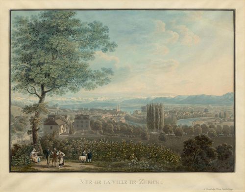 ZURICH.-Franz Hegi after David Alois Schmid, circa 1820. Vue de La Ville de Zurich. Aquatint, 34 x 45 cm. With engraved title and signature below the image: Dessine d'apres nature par D.A.Schmid. Grave par F. Hegi. Appenzeller No. 22. With black pen outer lines. Gold frame. – Broad margins. Some minor browning. Overall very good condition. Provenance: Galerie Kempf, Zurich.