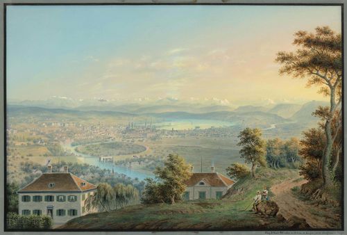 BLEULER, JOHANN LUDWIG (Feuerthalen 1792 -1850 Laufen-Uhwiesen).Zürich et ses Environs. Chez J.Louis Bleuler au Chateau de Laufen près de Schaffhouse en Suisse. Gouache, 49 x 71 cm. With black brush outer line and grey gouached margin. Entitled and inscribed below the image. Gold frame. – Large format scenes with fresh colours. The margins with slight rubbing, the scenes in almost untouched condition.