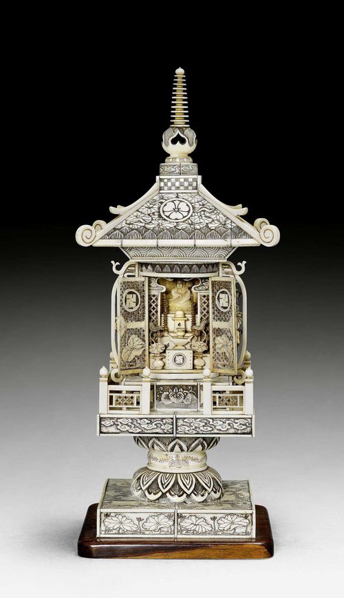 A PAGODA SHAPED IVORY SHRINE OF KANNON BOSATSU. Japan, Meiji periode, height 34 cm