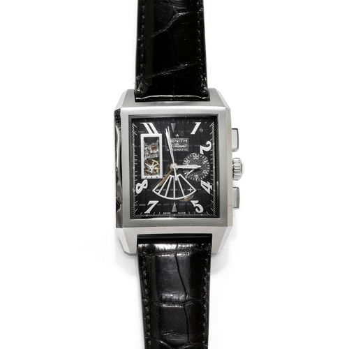 GENTLEMAN'S WRISTWATCH, AUTOMATIC, CHRONO, ZENITH PORT ROYAL OPEN. Steel. Ref. 03.0550.4021/77.R512. Rectangular, matte/polished case with rectangular pusher. Black, engine-turned dial with window displaying the movement, 30-minute counter at 3h, central power reserve, open small second. Automatic, chronograph, Cal. 4021. Black original leather band with fold-over clasp. D 36.5 x 51 mm Unworn, with case.