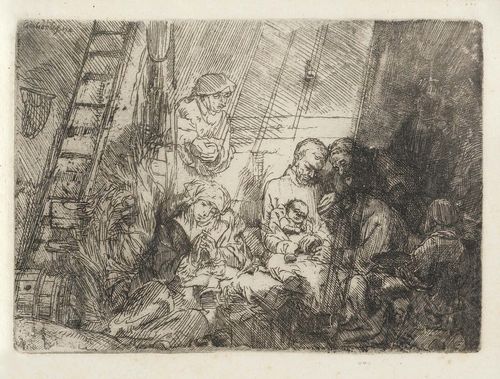 REMBRANDT, HARMENSZ VAN RIJN (Leiden 1606- 1669 Amsterdam).The circumcision in the barn. Etching, 9.4 x 14.4 cm. Bartsch 47; Nowell-Usticke 47 II /III (of III, shadow of Joseph's head still faintly visible). Framed. - With margin (of 1.5 to 2.2 cm) around the plate edge, with minor foxing on margin. Overall good condition.