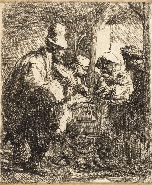 REMBRANDT, HARMENSZ VAN RIJN (Leiden 1606 -1669 Amsterdam).Travelling musicians. Circa 1635. Etching, 14.2 x 12.5 cm. Bartsch 119; White Boon (Hollstein) 119 II; Nowel-Usticke 119 III (of III). Framed. - Strong, clear and even impression with small margin around the plate edge. The lower right corner with short black pen mark, verso some old inscriptions in red chalk. Minor browning in places. Overall good condition.