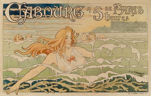 POSTER.-Henry Privat-Livemont (1861-1936). CABOURG, 1896. Colour lithograph, 73.7 x 106.7 cm. pub by P.Leménil, prntr. DFP-II 1061, Maitres 88. -Horizontal and vertical creases, crumpled on the edges. Laid on canvas. Small areas of damage.