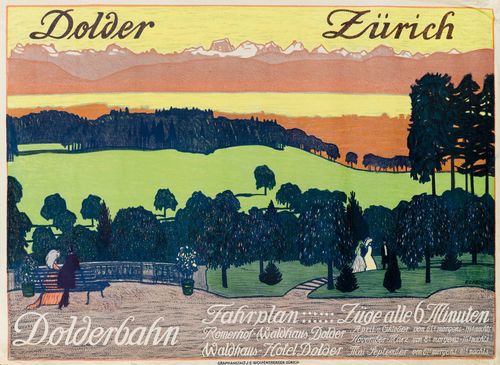 POSTER.-Emil Cardinaux., 1909. Dolder Zürich. Dolderbahn. Timetable. Colour lithograph, 75 x 114 cm. Pub by: Graph. Anstalt. J.E. Wolfensberger Zurich.