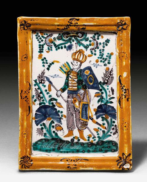 POST-HABANER CERAMIC TILE, Slovakia, ca. 1800. Verso signed PW in manganese. 21x15.5 cm. Provenance: Collection Dr. Meyer-Werthemann, Zurich.