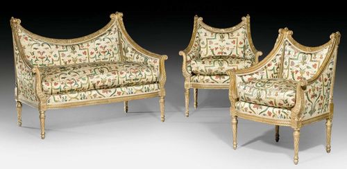 SMALL SUITE OF FURNITURE,Louis XVI style, Paris, late 19th century. Comprising 1 two-seater canape and 1 pair of bergeres. Fluted and finely carved gilt beech. Fine silk cover with stylized leaves and decorative frieze. Seat cushion. Canape 110x70x45x96 cm. Bergeres 80x55x45x90 cm. Provenance: from a highly important European private collection.