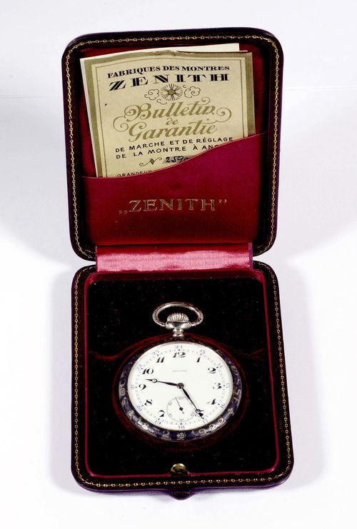 NIELLO POCKET WATCH ZENITH ca. 1922. Silver 900. Niello