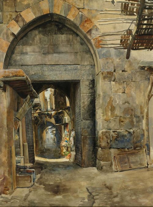 ANONYMOUS, 2ND HALF OF THE 19TH CENTURY Gateway to the Medina. Watercolour. 47 x 63 cm (image). Framed.