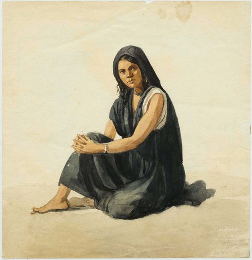 FRENCH SCHOOL, CIRCA 1840 1. Oriental with pipe.  2. Seated Oriental woman. Two sheets. Watercolours. No. 2. Inscribed and dated lower right in black pen: au Caire 1840. 24 x 17 cm and 22 x 24 cm. Framed.