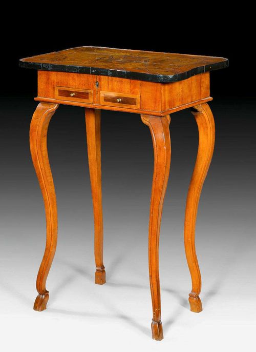 SMALL WORK TABLE,Louis XV, probably Bern circa 1760. Walnut, burlwood and local fruitwoods in veneer with inlays. Hinged top. Front with 2 adjacent drawers. Interior lined with Herrnhuter paste paper. Requires some restoration. 49x37x70 cm.