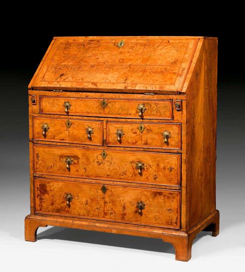 BUREAU CABINET,George III, England circa 1800. Light walnut and burlwood in veneer, inlaid with reserves and fillets. Fall-front writing surface lined with green felt. Fitted interior of drawers and compartments with secret compartment. Bronze mounts and drop handles. 77x48x(open 76)x96 cm.