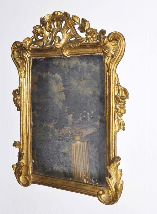 SMALL MIRROR,Louis XV, southern Germany, 18th century. Carved and gilt wood. Cracks. H 50 cm, W 38 cm.