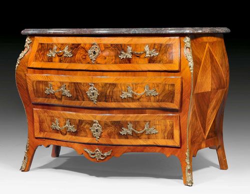 COMMODE,Louis XV, in the style of M. ENGSTROM (Mathias Engstrom, maitre 1758), Sweden circa 1760. Burlwood and local fruitwoods in veneer, inlaid with reserves and fillets. Bronze mounts and sabots. Shaped, purple/grey speckled marble top. 110x59x80 cm.