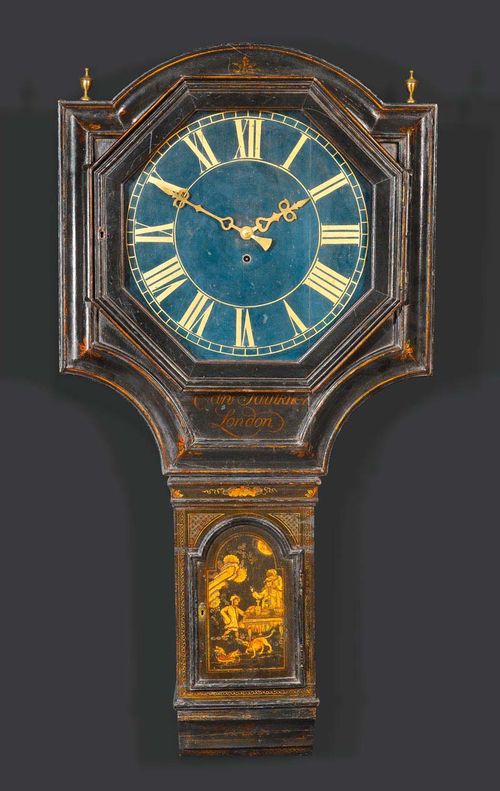 LARGE WALL CLOCK,also known as a "parliament clock", Victorian, signed EDR FAULKNER LONDON (maitre 1734), England, early 19th century. Wood lacquered on all sides in "gout chinois". Clock with painted dial and anchor escapement. H 160 cm, W 80 cm.