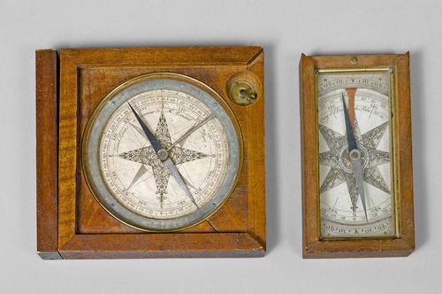 A LOT OF 2 DECLINATION COMPASSES, Paris, circa 1790. Brass, steel and walnut. In rectangular (16.2x8.7x3 cm) resp. square (16.5x16.5x3.5 cm) wooden case.