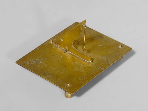 A BRASS HORIZONTAL TABLE SUNDIAL, Beraun near Prague, sign. and dated FECIT IOAN ENGELBRECHT BERAUNENSIS 1803. Gnomon with plumb line,olate with engraved hours and hyperbola. 12x10x2.5 cm.