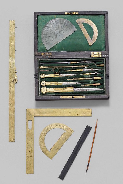 A DRAWING SET AND 2 PROTRACTORS, France, 19th c. Brass, steel and ebony. Wooden casket containing various instrumets including a proportinal compass sign. BUTTERFIELD PARIS, 20x11.8x4.7 cm. With large and small protractor, the small one sign. LANGLOIS PARIS, 9.8 resp. 19.5 cm.
