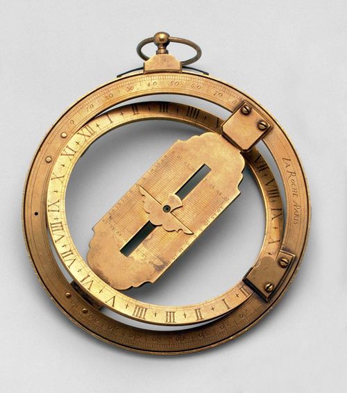 A BRASS RING DIAL, France, circa 1790 and sign. LA ROCHE PARIS. Meridian ring with latitudes; the equatorial ring with engraved dial and calendar scale and signs of the zodiac. D 13 cm.