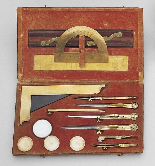 A LOT OF 2 DRAWING SETS, France, circa 1750 resp. 1800. With various instruments of steel, brass, ivory and wood. In original leather covered case, 24.5x15x4 cm, the other 20x8.5x3 cm. Slightly incomplete.