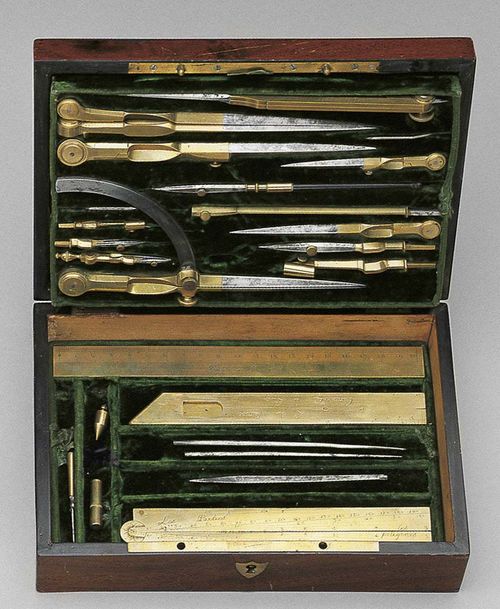 A DRAWING SET, France, 19th c. Mahagony case comprising numerous instruments in brass and steel; ruler marked BONDU A PARIS resp. Proportional compass marked CANIVET. 23x15.5x6.5 cm. Slightly incomplete.