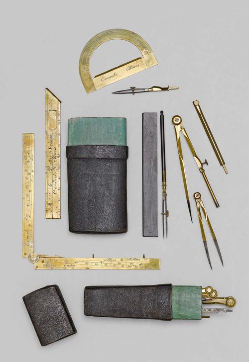 A LOT OF 2 SETS OF DRAWING INSTRUMENTS, France, 17th/18th c. Brass and steel. One signed CANIVET PARIS, the other BUTTERFIELD PARIS. Both with various rulers and pairs of dividers with interchangeable attachments in  leather covered case, L 19 cm resp. 18 cm (incomplete).