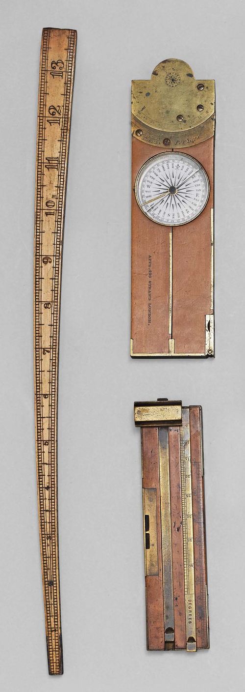 A LOT OF 3 ARTILLERY MEASURING INSTRUMENTS, England, 19th c. Wood and engraved brass. Sign. W. FAIRLEYS GRADOMETER DAVIS & SON DERBY, L 13 cm. The other sign. STRAND LONDON, L 16.5 cm. The third a ruler, L 35 cm.