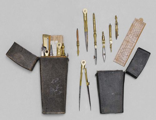 A LOT OF 2 DRAWING SETS IN SHAGREEN POCKET CASES, England, 18th/19th c. Instruments of steel, brass, wood and bone in cases, one sign. MADE BY J.TROUGHTON, LONDON, L 12.8 cm. The other, L 17 cm and incomplete, partly associated.