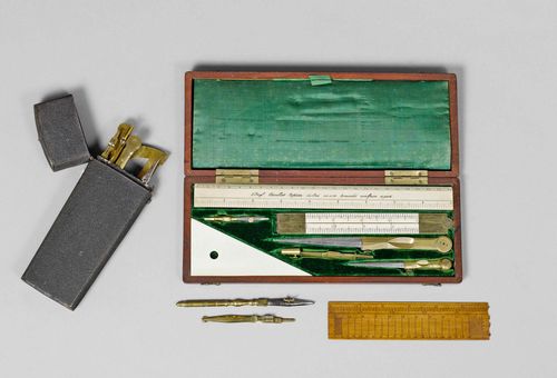 A LOT OF 2 DRAWING SETS, France, 19th c. Various instruments of brass, steel and ivory in wooden case with ruler marked L'ING. CHEVALLIER OPTICIEN...PARIS, 26.2x10x2.6 cm (associated) resp. in shagreen case, L 17.3 cm.