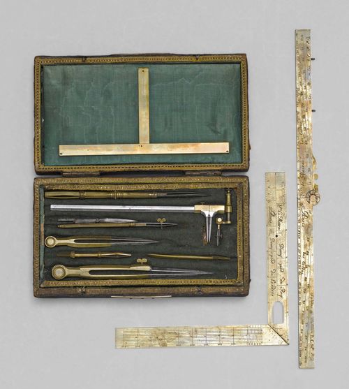 A SET OF FRENCH DRAWING INSTRUMENTS, circa 1740. Various instruments of brass and steel in leather covered case, 21x11.5x5.2 cm. Slightly incomplete.