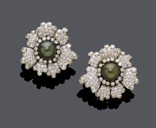 TAHITI PEARL AND DIAMOND FLOWER EAR CLIPS.