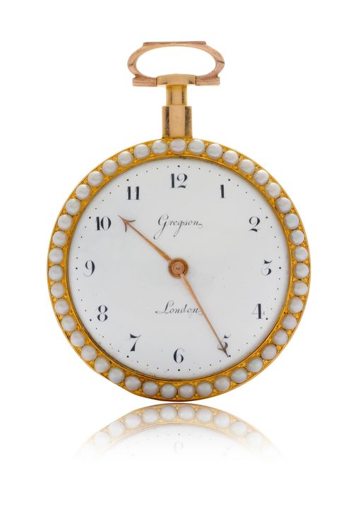 GREGSON, GOLDEMAIL-TASCHENUHR MIT KOMMAHEMMUNG, ca. 1830.