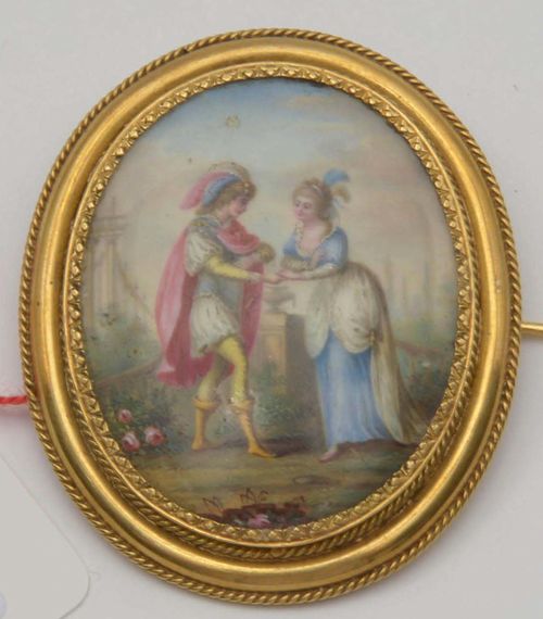 PORCELAIN MINIATURE AS A BROOCH,ca. 1850. Oval. With the depiction of a couple in a park. 4.2x3.5 cm.