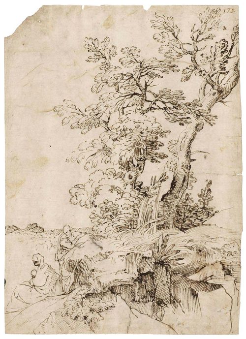 BONZI, PIETRO PAOLO (IL GOBBO DEI GARRACCI) (Cortona 1576 - 1636 Rome) Resting on the flight to Egypt. Brown pen. Old numbering upper right: 173. 28 x 20 cm. Nicholas Turner has confirmed the attribution in writing