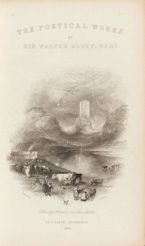 - Scott, (Sir) Walter. The poetical works. Edinburgh, A. u. Ch. Black, 1855. Engraved title and frontisp., 746 pp., [1] f. With 5 steel engravings, 1 folded. Numerous woodcut vignettes. Contemporary brown leather with stamped and gilt decoration. (Slightly rubbed, lightly stained.). 8°. Old owner's mark on introduction.