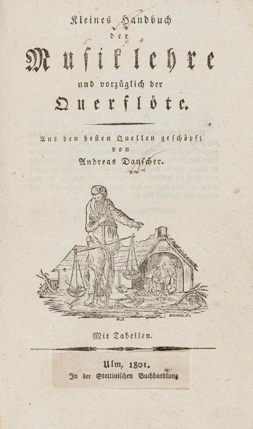 - Danscher, Andreas. Kleines Handbuch der Musiklehre und vorzüglich der Querflöte. Ulm, Stettinische Buchhdlg., 1801. [6] ff., 148 pp. Woodcut headpiece and 3 folded woodcut plates, various music sheets in text. Contemporary marbled cardboard binding (Slightly rubbed, worn edges and corners). 8°. Good copy, worm eaten in the margins, 2 further ff. in parts relaxed. Old owner's mark and dedication on the introduction.