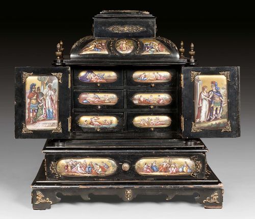 MINIATURE CABINET WITH PAINTED PLAQUES,Revival Style, Vienna circa 1890. Ebonized wood and finely painted plaques with colorful figures from Greek mythology. The front with 1 drawer and double doors, opening to 6 drawers. Small secret drawer in the crown. 23x20x25 cm.