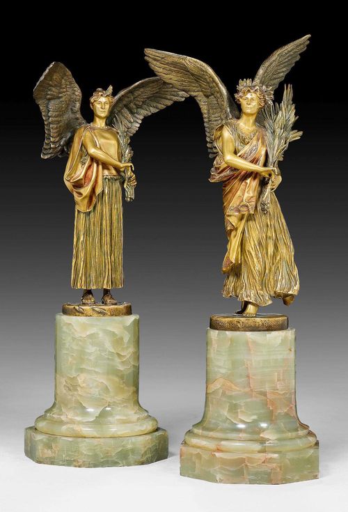 GEROME, J.L. (Jean Leon Gerome, 1824-1904), France circa 1900. Bronze with golden patina and light green marble. Signed J.L. GEROME. Foundry stamp SIOT PARIS. H 41 and 38 cm.