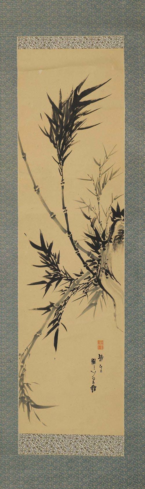 Buitensporig Alexander Graham Bell Melodrama KAKEMONO WITH BAMBOO PAINTING.Japan, Meiji Period, 160x30.5 cm. Ink on  paper. Signed Arinobu, with seal. Probably Mitani Arinobu. Brocade border.  Creases. Japan, Meiji-Zeit, 160x30,5 cm.