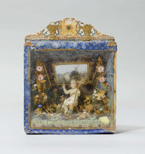 NUNNERY HANDICRAFT WITH CHRIST CHILD, Austria, 19th century. Wax, paper and cardboard. The back partly mirrored. 15x7x20 cm.