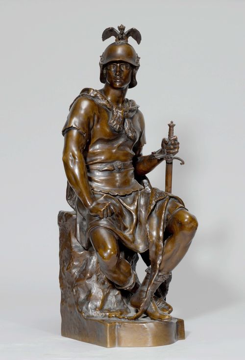 DUBOIS, PAUL (1829-1905). Bronze with brown patina. Seated soldier. Foundry: "F. Barbedienne, Paris". H 68 cm.